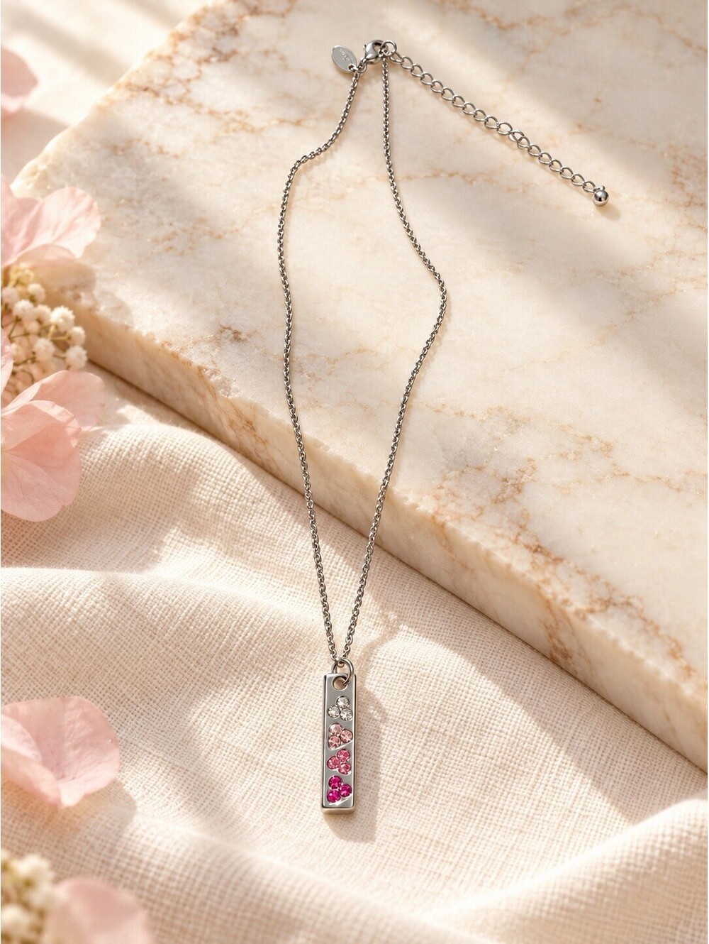 Lia Sophia Silver Tone Bar Pendant Necklace Pink Ombre Crystals Adjustable